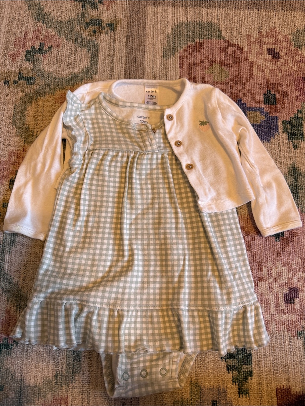Carter's Light Blue Gingham Dress with White Cardigan